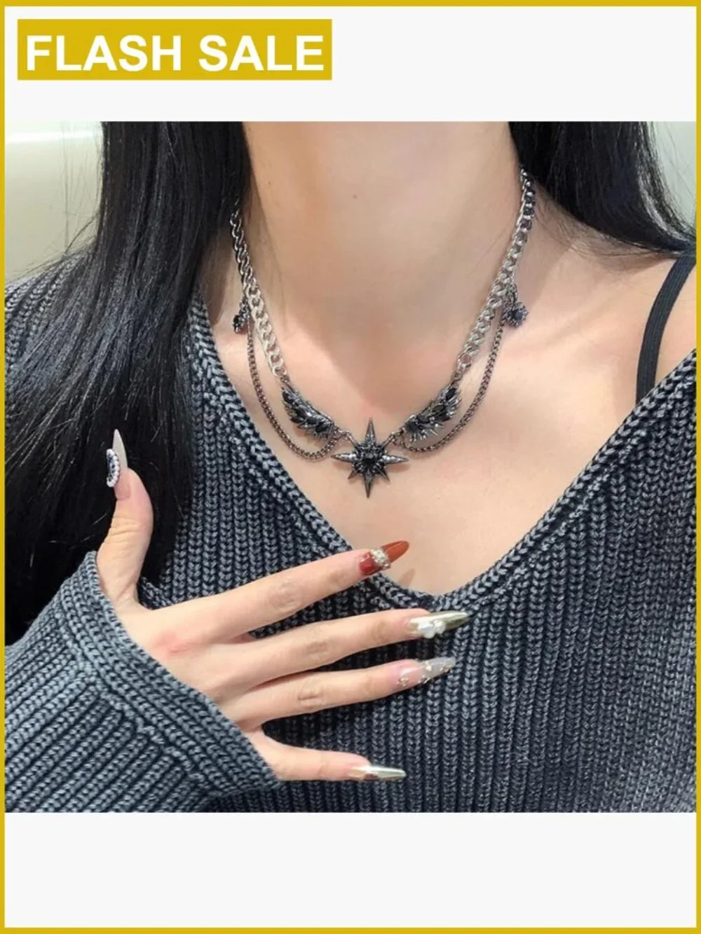 Layered Star Pendant Gothic Choker Necklace - Stainless Steel Punk Hip Hop